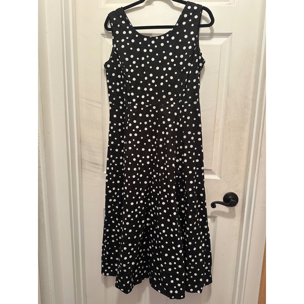 Polka Dot Cotton Midi Dress Black White 12P Chadwicks Chic Garden Party Retro